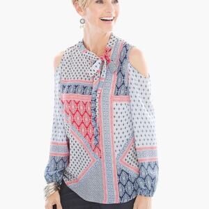 Chico's Bohemian Elements Cold-Shoulder Tie-Neck Top Blue/‎ Red Scarf 2 L/12